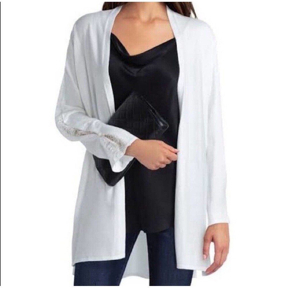 H Halston Lace Inlay Open Cardigan Sweater In White As M New